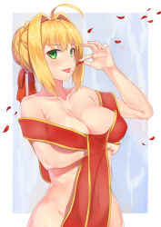 Rule 34 | 1girl, ahoge, areola slip, arm up, bare shoulders, blonde hair, blue background, blush, border, braid, breast hold, breasts, cleavage, collarbone, covered navel, falling petals, fate (series), fingernails, french braid, green eyes, groin, hair between eyes, hair bun, hair intakes, hair ribbon, highres, holding, large breasts, looking at viewer, naked ribbon, nero claudius (fate), nero claudius (fate) (all), nero claudius (fate/extra), official alternate costume, petals, red ribbon, ribbon, rose petals, ryouya, see-through, shiny skin, short hair, sidelocks, sideways glance, single hair bun, solo, standing, tongue, tongue out, v-shaped eyebrows, v-shaped eyes, white border