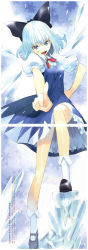 Rule 34 | &gt;:d, 1girl, :d, blue dress, blue eyes, blue hair, blush, bow, bowtie, cirno, crease, dress, frills, full body, gradient background, hair ribbon, hand on own hip, highres, ice, ice wings, mary janes, matching hair/eyes, non-web source, open mouth, pointing, pointing at viewer, puffy sleeves, red bow, red bowtie, ribbon, scan, scan artifacts, shoes, short hair, short sleeves, smile, socks, solo, text focus, touhou, ueda ryou, v-shaped eyebrows, white socks, wings