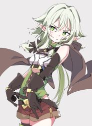 Rule 34 | 10s, 1girl, black gloves, blush, brown cape, brown shorts, cape, closed mouth, elbow gloves, elf, gloves, goblin slayer!, green eyes, green hair, grey background, high elf archer (goblin slayer!), ixy, long hair, looking to the side, pointy ears, shorts, simple background, solo