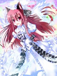 Rule 34 | 1girl, absurdres, alternate costume, alternate hairstyle, angel wings, animal ears, blush, bow, braid, breasts, bridal veil, bride, cat ears, curtsey, dress, fang, feathers, frilled dress, frills, hair ribbon, highres, kaenbyou rin, karakuri neko (tkfm), long hair, looking at viewer, md5 mismatch, open mouth, puffy sleeves, red eyes, red hair, resolution mismatch, ribbon, sash, short sleeves, single braid, small breasts, smile, solo, source smaller, tkfm, touhou, veil, very long hair, wedding dress, white dress, wings