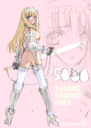 Rule 34 | 1girl, 2000, armor, blonde hair, blue eyes, blush, boots, breasts, chain, dildo, elbow gloves, embarrassed, female focus, full body, garter belt, garter straps, gloves, hair ornament, high heels, large breasts, long hair, looking at viewer, looking back, nipple chain, nipple piercing, nipple rings, nipples, orion (orionproject), piercing, pussy juice, sex toy, shoes, sideboob, solo, sweat, sword, thighhighs, vibrator, weapon, white thighhighs