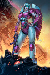 Rule 34 | absurdres, arcee, autobot, beam rifle, blue eyes, blurry, blurry foreground, breasts, burning, commentary, cybertron, debris, directed-energy weapon, emblem, energy gun, energy weapon, english commentary, fire, hand on own hip, highres, jetstormsifuentes, machinery, mecha, mecha focus, medium breasts, no humans, robot, ruins, science fiction, smirk, sparks, star (sky), suppressor, transformers, weapon, wreckage