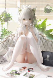 Rule 34 | 1girl, arknights, ass, bow, breasts, cleavage, collared shirt, cushion, drawing (object), feet, green eyes, hair bow, hand up, hanging plant, indoors, kal&#039;tsit (arknights), knees up, legs, looking at viewer, omone hokoma agm, panties, partially visible vulva, plant, potted plant, red pupils, rhodes island logo (arknights), shirt, sitting, solo, thighhighs, underwear, white bow, white panties, white shirt, white thighhighs, window blinds