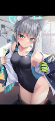 Rule 34 | 1girl, animal ears, blue archive, blue eyes, blush, collarbone, competition swimsuit, covered navel, cross hair ornament, gloves, grey hair, hair ornament, hair tie, halo, highres, komori kuzuyu, letterboxed, long hair, looking at viewer, mismatched pupils, necktie, official alternate costume, one-piece swimsuit, scarf, school uniform, shiroko (blue archive), shiroko (swimsuit) (blue archive), skirt, solo, sweatdrop, swimsuit, swimsuit under clothes, undressing, wolf ears, wolf girl