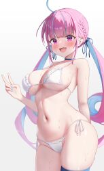 Rule 34 | 1girl, absurdres, ahoge, bikini, blue choker, blue nails, blush, breasts, choker, commentary, drill hair, highres, hololive, large breasts, long hair, minato aqua, multicolored hair, navel, open mouth, pink hair, purple eyes, solo, swimsuit, symbol-only commentary, tobidasu00, twin drills, twintails, two-tone hair, v, very long hair, virtual youtuber, wet, white bikini