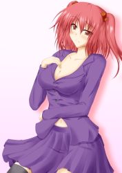 Rule 34 | 1girl, alternate costume, breasts, campbell (pixiv), campbell gichou, casual, cleavage, contemporary, female focus, hair bobbles, hair ornament, large breasts, onozuka komachi, red eyes, red hair, solo, thighhighs, touhou, twintails, two side up