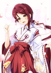 1girl hoijin japanese_clothes long_hair looking_at_viewer love_live! love_live!_sunshine!! miko open_mouth red_hair sakurauchi_riko smile solo yellow_eyes