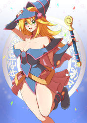 Rule 34 | 1girl, absurdres, armor, artist request, blonde hair, blue hat, boots, breasts, choker, cleavage, dark magician girl, gauntlets, green eyes, hair between eyes, hat, highres, large breasts, long hair, looking at viewer, magic staff, miniskirt, open mouth, pentacle, pink skirt, skirt, smile, solo, thighs, very long hair, wizard hat, yu-gi-oh!, yu-gi-oh! duel monsters