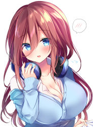 Rule 34 | 1girl, bad id, bad pixiv id, blue cardigan, blue eyes, breasts, brown hair, buttons, cardigan, cleavage, collarbone, collared shirt, commentary request, go-toubun no hanayome, hair between eyes, hand up, headphones, headphones around neck, highres, holding, large breasts, long hair, long sleeves, looking at viewer, masayo (gin no ame), nakano miku, off shoulder, parted lips, school uniform, shirt, solo, spoken blush, undershirt, upper body, white shirt