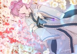 Rule 34 | 1girl, blue hat, blue kimono, blurry, closed mouth, commentary, depth of field, dutch angle, flower, frilled kimono, frills, hat, japanese clothes, kakera (comona base), kimono, looking at viewer, mob cap, outdoors, pink eyes, pink hair, saigyouji yuyuko, short hair, smile, solo, touhou, triangle mouth, twitter username, white flower