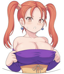 Rule 34 | 1girl, bare shoulders, blush, breasts, cleavage, corset, dragon quest, dragon quest viii, earrings, jessica albert, jewelry, large breasts, long hair, looking at viewer, off-shoulder shirt, off shoulder, orange eyes, orange hair, parted bangs, purple shirt, shirt, shiseki hirame, simple background, solo, twintails, white background