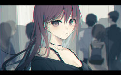 Rule 34 | 3boys, 4girls, bad id, bad pixiv id, bare shoulders, black shirt, brown eyes, brown hair, chromatic aberration, closed mouth, collarbone, commentary request, ear piercing, earrings, hair between eyes, highres, jewelry, letterboxed, long hair, looking at viewer, multiple boys, multiple girls, off-shoulder shirt, off shoulder, original, piercing, shirt, smile, solo focus, tsuruse, upper body