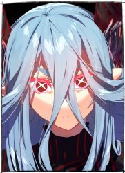 Rule 34 | 1girl, black background, blue hair, fate/grand order, fate (series), hair between eyes, highres, horns, kei (soundcross), light blue hair, long hair, long horns, looking at viewer, pink eyes, pointy ears, portrait, solo, symbol-shaped pupils, tiamat (fate)