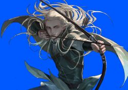 Rule 34 | 1boy, absurdres, aiming, armor, blue background, bow (weapon), braid, cape, commentary, drawing bow, elf, eyelashes, floating clothes, floating hair, hair pulled back, half updo, highres, holding, holding bow (weapon), holding weapon, legolas, long hair, long sleeves, looking afar, male focus, outstretched arm, parted lips, pointy ears, quiver, side braid, simple background, solo, symbol-only commentary, the lord of the rings, tolkien&#039;s legendarium, tolkien's legendarium, upper body, weapon, yangshu893