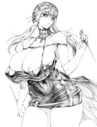 Rule 34 | 1girl, absurdres, areola slip, bonten, breasts, cleavage, covered erect nipples, curvy, dagger, dress, earrings, gold earrings, gold hairband, greyscale, hairband, highres, holding, holding dagger, holding knife, holding weapon, huge breasts, jewelry, knife, long hair, looking at viewer, monochrome, simple background, sketch, solo, spy x family, standing, stiletto (weapon), thick thighs, thighs, traditional media, two-sided dress, two-sided fabric, weapon, yor briar