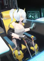Rule 34 | 1girl, black cape, black gloves, black pants, breasts, camisole, cape, chair, chromatic aberration, cleavage, closed mouth, commentary request, eyebrows hidden by hair, gloves, grey camisole, hair between eyes, headgear, highres, looking away, looking to the side, mecha musume, medium breasts, natori youkai, on chair, original, pants, planet, ponytail, sitting, slit pupils, solo, space, white hair, yellow eyes