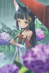 Rule 34 | 1girl, animal ears, azur lane, bare shoulders, black hair, blunt bangs, blurry, collarbone, commentary, depth of field, detached sleeves, dress, flower, fox ears, from side, hair ornament, highres, holding, holding umbrella, hydrangea, long hair, long sleeves, looking at viewer, looking to the side, marimo daifuku, nagato (azur lane), oil-paper umbrella, parted lips, rain, red dress, sidelocks, simple background, solo, umbrella, wide sleeves, yellow eyes