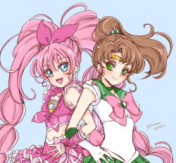 Rule 34 | 10s, 2014, 2girls, back-to-back, bishoujo senshi sailor moon, bishoujo senshi sailor moon crystal, blue background, blue eyes, blush, bow, braid, brooch, brown hair, colored eyelashes, company connection, crossover, cure melody, dated, earrings, elbow gloves, french braid, frills, gloves, green eyes, green skirt, hair ribbon, houjou hibiki, jewelry, kino makoto, koshimizu ami, locked arms, long hair, magical girl, multiple girls, pink hair, pink skirt, ponytail, precure, ribbon, sailor jupiter, voice actor connection, short hair, signature, skirt, smile, suite precure, tiara, toei animation, twintails, very long hair, white gloves, wrist cuffs, yukinami (paru26i)