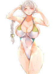 Rule 34 | 10s, 1girl, alternate costume, asymmetrical hair, bare shoulders, braid, breasts, bursting breasts, cloud print, collarbone, competition swimsuit, covered clitoris, covered navel, hair ornament, hand on own head, highleg, highleg swimsuit, highres, kantai collection, large breasts, long hair, maaboo (asuka1026), one-piece swimsuit, one eye closed, parted lips, sideboob, silver hair, simple background, single braid, solo, swimsuit, unryuu (kancolle), very long hair, wet, wet clothes, wet swimsuit, wide hips