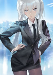 Rule 34 | 1girl, black jacket, black necktie, black skirt, blazer, blue sky, cloud, commentary request, cowboy shot, day, grey eyes, grey pantyhose, hair between eyes, hands on own hips, highres, jacket, long hair, long sleeves, looking at viewer, matsuda (matsukichi), mole, mole under mouth, necktie, original, pantyhose, parted lips, pencil skirt, shirt, silver hair, skirt, sky, solo, standing, twintails, white shirt