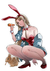 Rule 34 | 1girl, alternate costume, animal, animal ears, bare shoulders, blonde hair, blue jacket, bow, bowtie, breasts, bunny day, commentary request, detached collar, fake animal ears, fishnet pantyhose, fishnets, food, full body, hairband, hand up, high heels, highres, holding, holding food, jacket, leotard, long hair, looking at viewer, medium breasts, nijisanji, off shoulder, open clothes, open jacket, pantyhose, playboy bunny, rabbit, red bow, red bowtie, red footwear, red hairband, red leotard, sakayama shinta, simple background, sister claire, solo, squatting, strapless, strapless leotard, very long hair, virtual youtuber, white background, wrist cuffs, yellow eyes