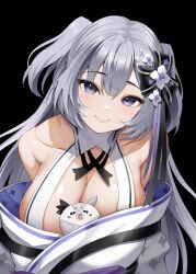 Rule 34 | 1girl, absurdres, bazo (vestia zeta), black background, breasts, cleavage, closed mouth, collarbone, grey eyes, grey hair, hair ornament, highres, hololive, hololive indonesia, japanese clothes, kimono, large breasts, long hair, looking at viewer, off shoulder, roina (effj7473), smile, solo, twintails, vestia zeta, vestia zeta (new year), virtual youtuber, white kimono