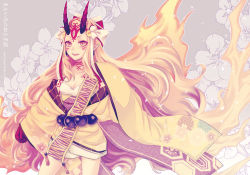 Rule 34 | 1girl, :d, blonde hair, breasts, cleavage, fate/grand order, fate (series), hizuki aya, horns, ibaraki douji (fate), japanese clothes, kimono, long hair, looking at viewer, oni, open mouth, pointy ears, slit pupils, small breasts, smile, solo, tattoo, teeth, very long hair, yellow eyes