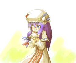 Rule 34 | 1girl, blue eyes, blue ribbon, blush, capelet, crescent, crescent hair ornament, dress, female focus, hair ornament, hair ribbon, hat, long hair, mob cap, patchouli knowledge, pouch, purple hair, red ribbon, ribbon, simple background, solo, striped clothes, striped dress, touhou, vertical stripes, white background