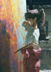 Rule 34 | 1girl, black eyes, black hair, clothes around waist, dirty, dirty clothes, highres, holding, holding paintbrush, holding palette, jacket, jacket around waist, long sleeves, medium hair, noise, original, paint splatter, paint splatter on face, paintbrush, painting (object), palette (object), ponytail, potg (piotegu), red jacket, shirt, sleeves rolled up, solo, tears, white shirt