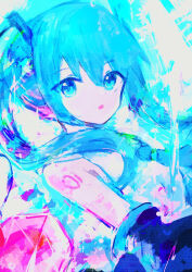 Rule 34 | 1girl, :o, bare shoulders, black sleeves, blue eyes, blue hair, blue theme, colorful, commentary request, detached sleeves, from side, hair between eyes, hair ornament, hatsune miku, highres, long hair, looking at viewer, number tattoo, open mouth, painting (medium), portrait, shangurira, shirt, sleeveless, sleeveless shirt, solo, tattoo, traditional media, twintails, vocaloid, watercolor (medium), white background