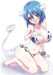 Rule 34 | 1girl, animal print, barefoot, bikini, blue hair, blush, breasts, collarbone, commentary request, cow girl, cow horns, cow print, cow tail, fang, feet, highres, hihkunhihkun, horns, jashin-chan dropkick, large breasts, looking at viewer, minos (jashin-chan dropkick), navel, open mouth, red eyes, scrunchie, short hair, side-tie bikini bottom, simple background, sitting, smile, solo, swimsuit, tail, toenails, toes, white background, white tail, wrist scrunchie, yokozuwari