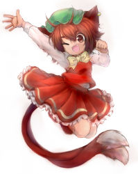 Rule 34 | 1girl, animal ears, arm up, bow, brown eyes, brown hair, cat ears, cat girl, cat tail, chen, earrings, fang, female focus, hat, jewelry, jumping, mochisuni, multiple tails, nekomata, one eye closed, open mouth, shirt, skirt, skirt set, smile, solo, tail, touhou, vest
