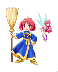 Rule 34 | 2girls, bikini, bob cut, boots, broom, cotton (character), cotton (game), fairy wings, flying, full body, gold bracelet, hand on own hip, highres, holding, holding broom, long hair, long sleeves, multiple girls, navel, official art, open mouth, photoshop (medium), short hair, silk (cotton), simple background, size difference, smile, standing, swimsuit, white background, wings