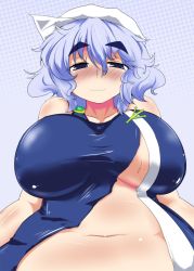 Rule 34 | 1girl, bare shoulders, belly, blue hair, blush, breasts, eyebrows, female focus, hat, large breasts, letty whiterock, looking at viewer, navel, plump, raised eyebrows, ramototu, short hair, smile, solo, sweat, thick eyebrows, torn clothes, touhou, underboob, wavy mouth