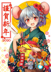 Rule 34 | .sin, 1girl, 2020, animal ears, arrow (projectile), blush, bow, commentary request, floral print, flower, food, green kimono, grey hair, hair between eyes, hair flower, hair ornament, highres, holding, holding arrow, japanese clothes, kimono, mouse (animal), mouse ears, mouse tail, nazrin, new year, open mouth, red bow, red eyes, red flower, short hair, solo, tail, tail bow, tail ornament, touhou, translation request