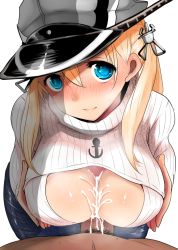 Rule 34 | 10s, 1boy, 1girl, aqua eyes, blonde hair, blue eyes, blush, breast hold, breasts, breasts squeezed together, cleavage, cleavage cutout, clothing cutout, cum, cum on body, cum on breasts, cum on upper body, han (jackpot), hat, hetero, kantai collection, large breasts, looking at viewer, meme attire, open-chest sweater, out of frame, paizuri, peaked cap, penis, perpendicular paizuri, pov, pov crotch, prinz eugen (kancolle), ribbed sweater, sailor hat, solo focus, sweater, turtleneck, uncensored