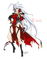 Rule 34 | 1girl, ahoge, alpha-01, blazblue, eyepatch, fingerless gloves, gloves, green eyes, jpeg artifacts, long hair, mori toshimichi, ragna the bloodedge, silver hair, simple background, solo, very long hair