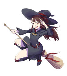 Rule 34 | 1girl, :d, belt, boots, broom, broom riding, brown eyes, brown hair, dress, floating hair, flying, from side, full body, hat, high heel boots, high heels, highres, kagari atsuko, knee boots, little witch academia, long hair, long sleeves, looking at viewer, looking to the side, open mouth, purple dress, purple footwear, purple hat, ruukii drift, simple background, smile, solo, wand, white background, witch hat
