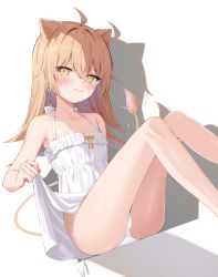 Rule 34 | 1girl, ahoge, animal ears, bare arms, bare legs, bare shoulders, blush, breasts, brown hair, clothes lift, dress, dress lift, feet out of frame, frilled dress, frills, halter dress, halterneck, highres, indie virtual youtuber, k mugura, knees up, leaning back, lifted by self, lion ears, lion girl, lion tail, long hair, looking at viewer, panties, rurudo lion, rurudo lion (1st costume), shadow, side-tie panties, sidelocks, sitting, small breasts, smile, solo, string panties, tail, thighs, tsurime, underwear, untied panties, virtual youtuber, white background, white dress, white panties, yellow eyes