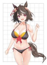 Rule 34 | 1girl, animal ears, bikini, black bikini, breasts, cleavage, clenched hand, commentary request, cowboy shot, ear ornament, grid, horse ears, horse girl, horse tail, kitasan black (umamusume), large breasts, looking at viewer, multicolored hair, osashimisan, red eyes, side-tie bikini bottom, simple background, solo, streaked hair, swimsuit, tail, umamusume, white background