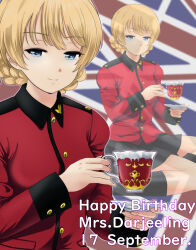 Rule 34 | 1girl, black footwear, black skirt, blonde hair, blue eyes, boots, braid, character name, closed mouth, commentary, cup, darjeeling (girls und panzer), dated, english text, flag background, girls und panzer, half-closed eyes, happy birthday, highres, holding, holding cup, holding saucer, jacket, long sleeves, looking at viewer, military uniform, miniskirt, pleated skirt, red jacket, saucer, short hair, sitting, skirt, smile, solo, st. gloriana&#039;s military uniform, teacup, twin braids, uniform, union jack, yoyokkun, zoom layer