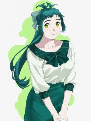 Rule 34 | 1girl, absurdres, antenna hair, breasts, green eyes, green hair, green shirt, green skirt, highres, irako (kancolle), kantai collection, long hair, looking at viewer, official alternate costume, ojipon, ponytail, shirt, skirt, smile, solo, two-tone background, v arms