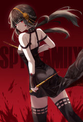 Rule 34 | 1girl, absurdres, black dress, black thighhighs, blood, blood on face, blood splatter, bloody weapon, braid, brown hair, closed mouth, copyright name, dress, dual persona, floating hair, flower, from behind, hair flower, hair ornament, hairband, hamu (hvmzld123), highres, holding, holding weapon, long hair, looking back, red background, red eyes, short dress, shoulder blades, sleeveless, sleeveless dress, solo, spy x family, thighhighs, walking, weapon, yellow flower, yellow hairband, yor briar, zettai ryouiki