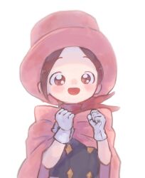 Rule 34 | 1girl, ace attorney, aged down, apollo justice: ace attorney, blush, brown eyes, brown hair, clenched hands, gloves, hat, koteko (chop of toilet), looking at viewer, open mouth, pink hat, red scarf, scarf, short hair, simple background, smile, solo, top hat, trucy wright, upper body, white background, white gloves
