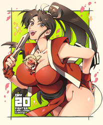 Rule 34 | 1girl, andy bogard, bare shoulders, blush, breasts, brown eyes, brown hair, chibi, cleavage, fatal fury, folded fan, folding fan, gumeaw, hand fan, high ponytail, holding, holding fan, japanese clothes, large breasts, long hair, ninja, pelvic curtain, ponytail, revealing clothes, rope, shiranui mai, simple background, snk, the king of fighters, thighs