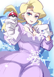Rule 34 | 1girl, 34 (sanjushi), blonde hair, blue eyes, blush, braid, breasts, cleavage, cleavage cutout, closed mouth, clothing cutout, collar, commentary request, creatures (company), dress, eyelashes, eyeshadow, game freak, glacia (pokemon), gloves, green eyes, holding, holding poke ball, long hair, makeup, nintendo, one-hour drawing challenge, poke ball, poke ball (basic), pokemon, pokemon oras, purple dress, short hair, sleeves past wrists, smile, snowflakes, solo, white gloves