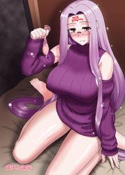 Rule 34 | 1girl, alternate costume, bare shoulders, blush, breasts, condom, detached sleeves, facial mark, fate/stay night, fate (series), forehead mark, glasses, grin, holding, large breasts, long hair, medusa (fate), medusa (rider) (fate), purple hair, ribbed sweater, siseru samurai, sitting, sleeveless, sleeveless turtleneck, smile, solo, square pupils, sweater, turtleneck, used condom, very long hair, wariza