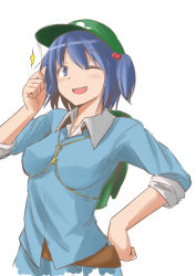 Rule 34 | 1girl, backpack, bag, baketsuya, blue eyes, blue hair, blush, hair bobbles, hair ornament, kappa, kawashiro nitori, key, matching hair/eyes, one eye closed, open mouth, short hair, simple background, smile, solo, touhou, twintails, two side up, white background