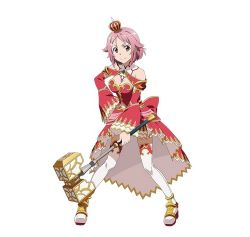 Rule 34 | 10s, 1girl, alternate costume, breasts, cleavage, crown, detached sleeves, full body, hair ornament, hammer, hand on own hip, highres, holding, holding weapon, lisbeth (sao), looking at viewer, mini crown, official art, pink eyes, pink hair, red eyes, short hair, simple background, smile, solo, sword art online, sword art online: code register, thighhighs, weapon, white background, white thighhighs