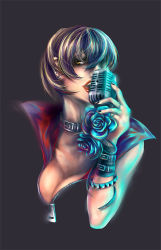 Rule 34 | 1girl, bracelet, breasts, brown eyes, brown hair, cleavage, collar, earrings, flower, jewelry, lipstick, makeup, meiko (vocaloid), microphone, rose, short hair, simple background, sirius8041, smile, solo, vocaloid